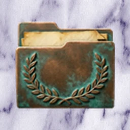 Una carpeta de bronce con una corona de laurel grabada.