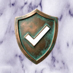 Un escudo de bronce con una marca de verificación.