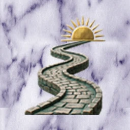 Un camino empedrado que sube hacia un sol naciente de bronce.